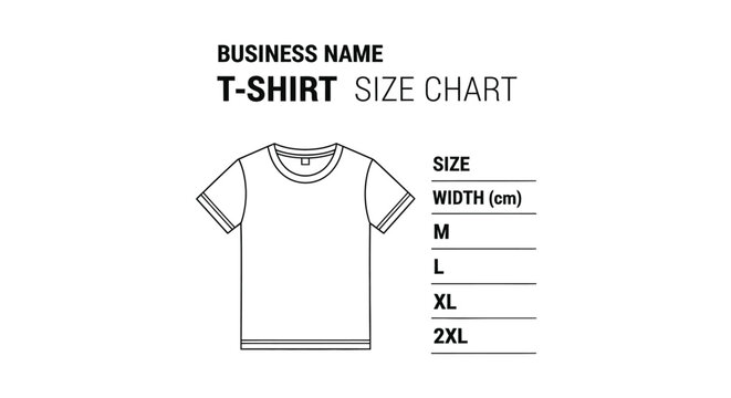 minimalist t-shirt size chart vector illustration displaying clothing measurements for apparel e-commerce websites perfect for product pages.