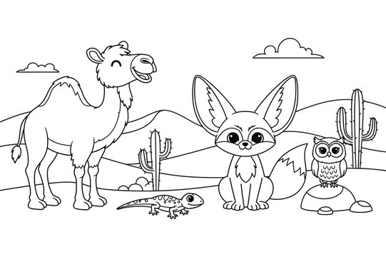 Desert Animals Camel Fox Owl Kids Coloring Page Line Art Printable