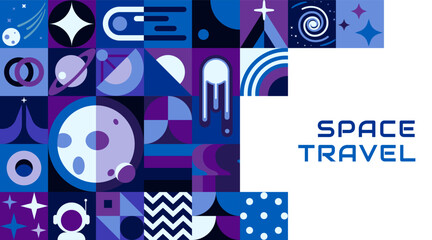 Modern poster with galaxy space geometric pattern and abstract shapes, vector background. Space pattern of geometric line mosaic galaxy planets, stars and spaceman or alien UFO and rocket spaceship © Vector Tradition
