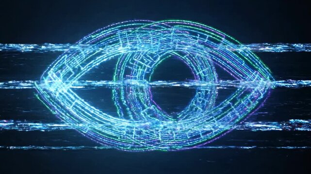 Human eye merged digital symbiosis concept. Futuristic digital glowing eye with neon light effects and abstract technology background