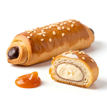 Delicious Chocolate Pastry with Caramel Drizzle and Sesame Seeds.