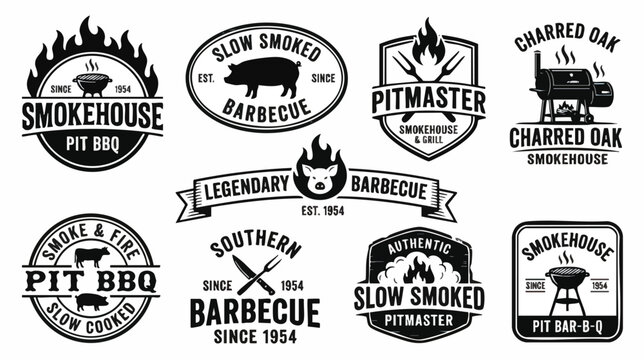 Collection of Smokehouse Barbecue Labels Featuring Vintage Designs Highlighting Pit BBQ and Slow Cooking