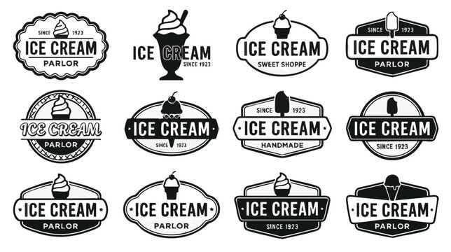 Collection of vintage style ice cream parlor logos featuring classic designs with ice cream elements