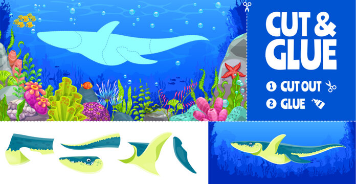 Cut and glue kids puzzle quiz game. Cut out the pieces of the marine reptile and glue them to complete the underwater scene. Fun educational activity with prehistoric kronosaurus dinosaur in ocean