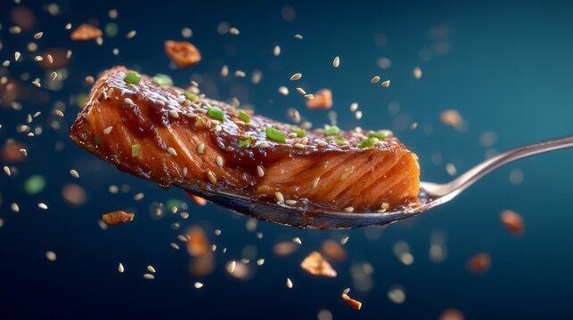 Glazed Teriyaki Salmon on Spoon with Sesame Seeds and Scallions in Motion