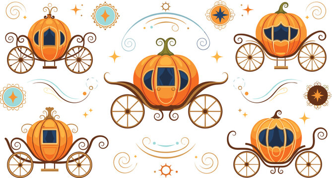 Seamless pumpkin carriage pattern with fairytale elements decorative halloween fantasy background vector illustration design