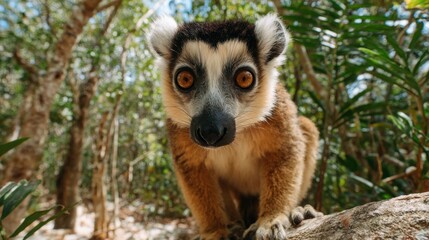 Naklejka premium Close-up portrait of a curious brown lemur sitting on a tree branch in a forest setting