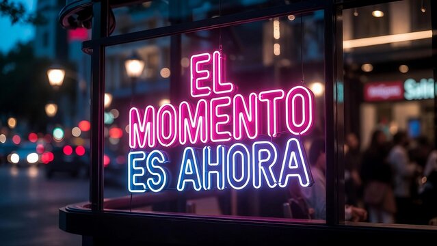 Letrero de ne&oacute;n rosa y azul con frase motivadora en el escaparate de una ciudad de noche. / Pink and blue neon sign with motivational spanish quote