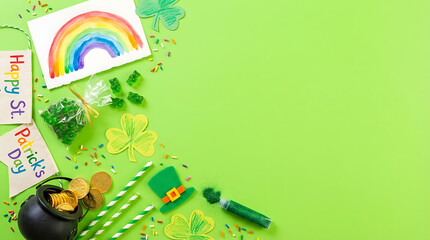 Obraz premium Saint Patrick's Day Kids Party Craft Flatlay with Rainbow Art, Candy and Holiday Decorations for Cheerful Seasonal Promotion