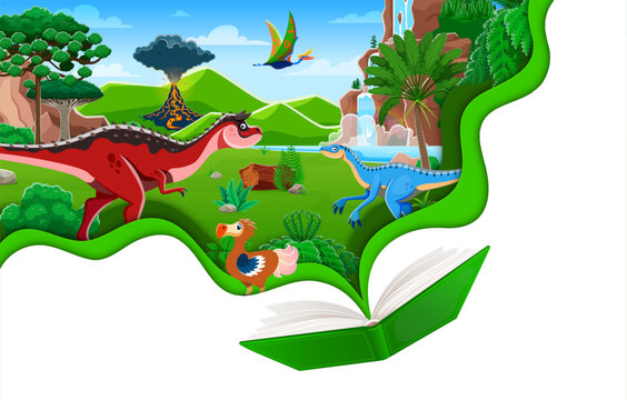 Opened kids book with prehistoric dinosaurs and vector paper cut borders. Cute cartoon carnotaurus, ruphus, quetzalcoatlus and eoraptor dinosaurs characters with volcano nature landscape on book pages