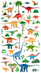 Prehistoric dinosaur species alongside trees and plants. Vector set of cartoon dino walking, eating and grazing. Captures the natural environment and diversity of creatures from ancient Jurassic times © Vector Tradition