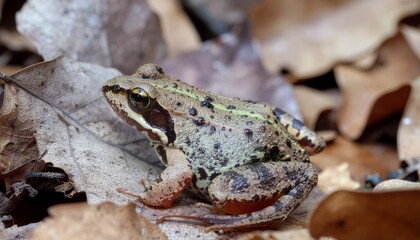 Obraz premium Agile Frog (Rana dalmatina) Camouflaged Among Dry Autumn Leaves