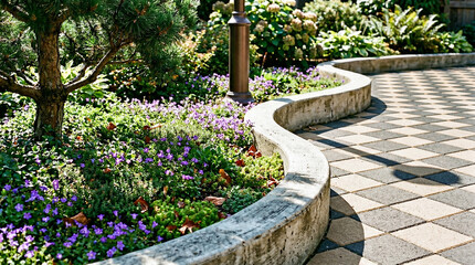 Obraz premium Sunlit curved garden pathway featuring checkerboard pavers and low concrete border framing purple groundcover flowers, small tree and lamppost; decorative, manicured courtyard walkway with soft shadow