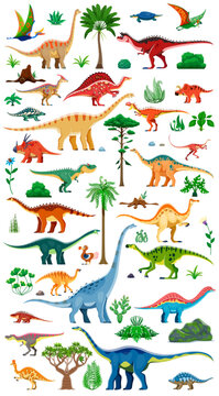 Prehistoric dinosaur species alongside trees and plants. Vector set of cartoon dino walking, eating and grazing. Captures the natural environment and diversity of creatures from ancient Jurassic times