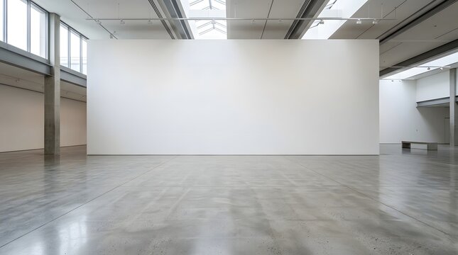A large, empty room with a polished concrete floor and a high ceiling featuring a large white wall