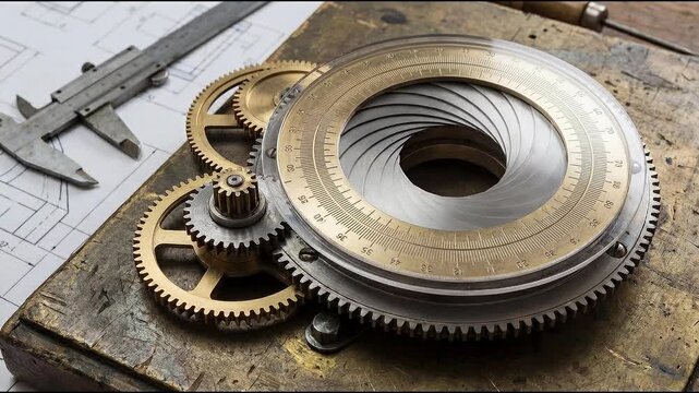 Human eye merged digital symbiosis concept. Closeup of vintage mechanical gears and tools on a wooden workbench with blueprint background