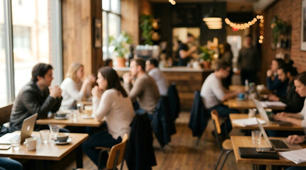 Fototapeta premium Cozy coffee shop interior with intentionally blurred patrons enjoying their day