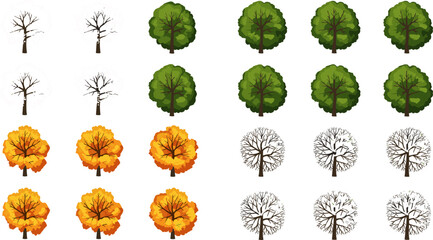Fototapeta premium Seasonal Tree Icon Set Featuring Four Stages of Trees Across Spring, Summer, Autumn, and Winter