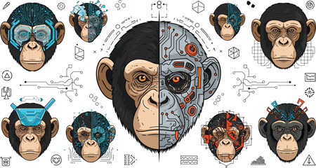 Cyberpunk monkey face fusion with AI technology elements, futuristic robotic primate illustration set, digital innovation concept for tech and sci fi design © EdGe Creative