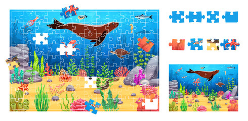 Jigsaw puzzle game pieces with sea animals and underwater landscape, vector cartoon worksheet. Kids jigsaw puzzle game with funny seal, undersea fish with coral reef turtle and octopus characters © Vector Tradition