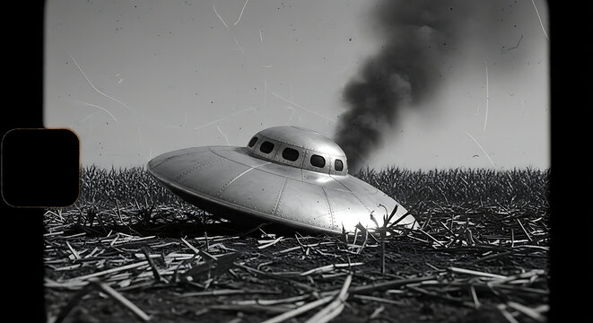 classic black and white shot of a ufo crash site with smoke billowing from the downed alien spaceship in a field