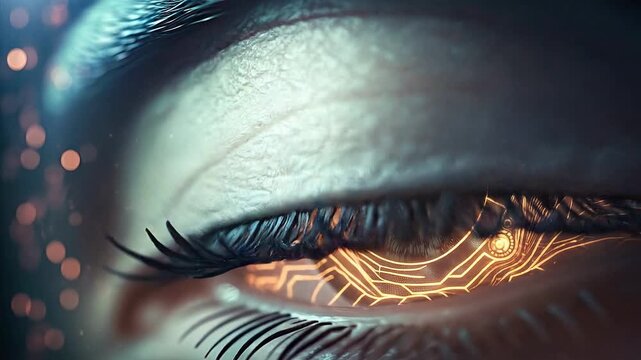Human eye merged digital symbiosis concept. Close up of futuristic human eye with digital technology interface and glowing circuits