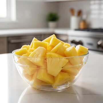A clear glass bowl filled with fresh chunks of ripe yellow pineapple sitting on a kitchen counter. pinapple