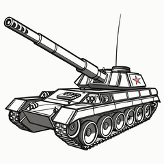 A black and white illustration of a military tank with a red star on its turret © rrr