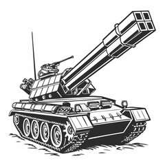 Fototapeta premium A black and white illustration of a military tank with a large missile launcher on top
