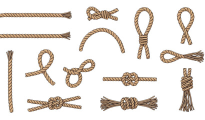 Sea rope vector set with twisted nautical ropes knots loops and rope ends flat illustration collection Keywords © MdAtaur