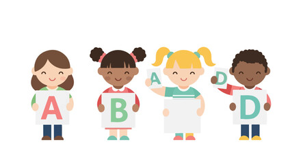 Obraz premium A group of four diverse children joyfully hold up signs featuring different letters of the alphabet, representing an inclusive learning environment.