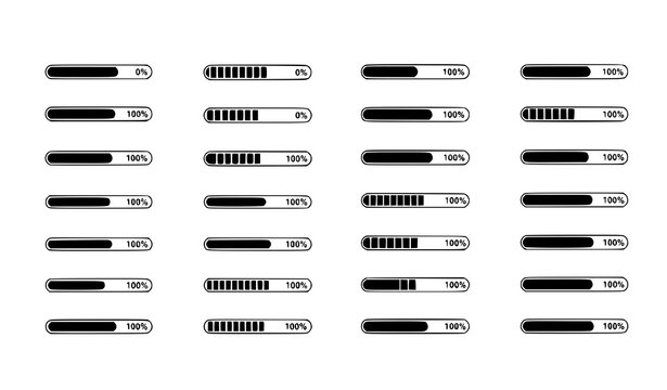 Loading bar progress icons vector set with horizontal UI indicators and completion status bars isolated on white background