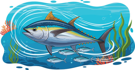 Fototapeta premium Colorful tuna fish swimming underwater with ocean plants and bubbles, marine life illustration, aquatic wildlife vector for sea themed design