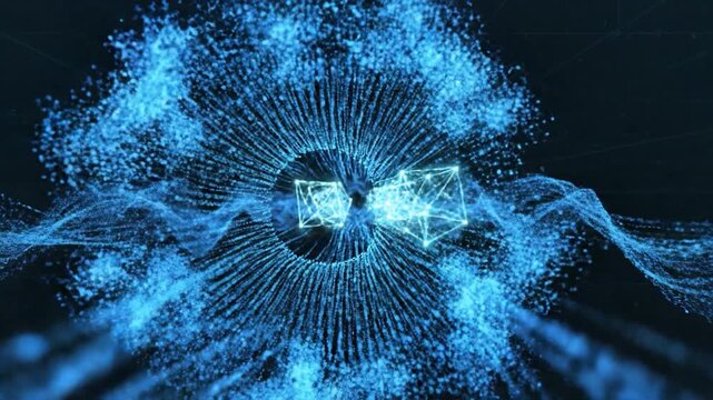 Abstract digital network with glowing geometric shapes and particles