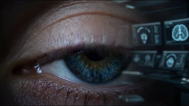 Human eye merged digital symbiosis concept. Close up of human eye with futuristic digital interface and electric energy effect in medical technology concept