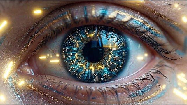 Human eye merged digital symbiosis concept. Close up of a human eye with futuristic digital circuit patterns and glowing elements in blue and gold