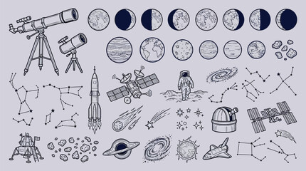 A comprehensive collection of hand-drawn space and astronomy elements including planets, moon phases, telescopes, rockets, astronauts, galaxies, and constellations. © KN collection