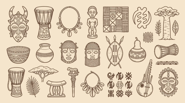 Vintage engraving style collection of African cultural artifacts and traditional symbols on a beige background.