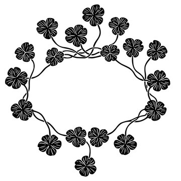 Elegant floral frame featuring hand-drawn clover silhouettes with intricate vine detailing. Minimalist botanical wreath design in a high-contrast black ink style, perfect for nature-themed graphics.