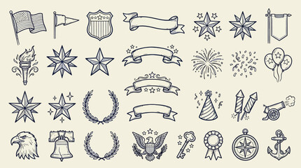 Vintage hand-drawn patriotic and celebration elements collection with flags, stars, eagles, fireworks, and banners in a rustic style. © KN collection