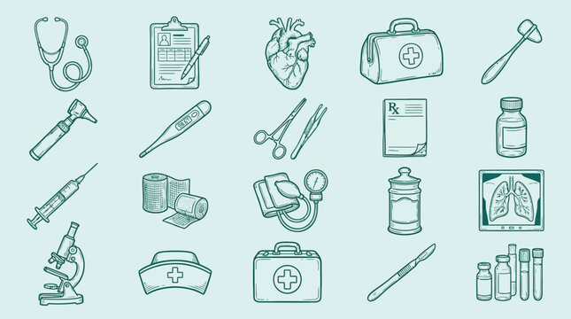 A comprehensive collection of medical and healthcare tools and symbols, illustrated in a clean line-art style on a light background.