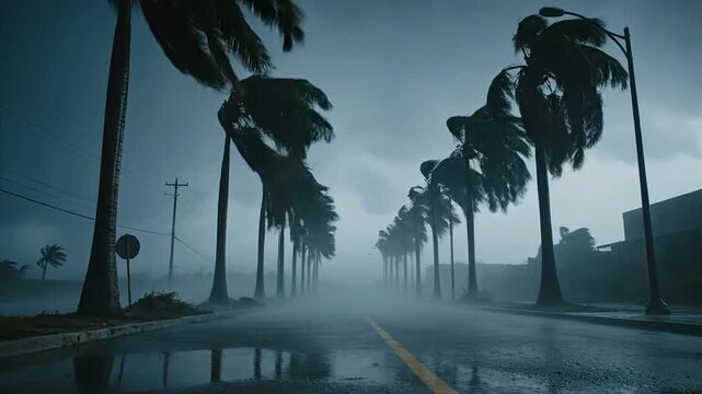A hurricane hits a coastal town causing a disaster with a storm bringing strong winds and heavy rain to the flooded street.