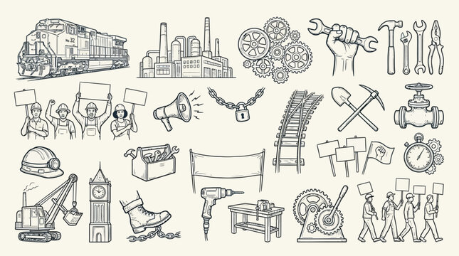 A collection of hand-drawn illustrations depicting industrial elements, labor tools, worker protests, and various symbols of industry and work.