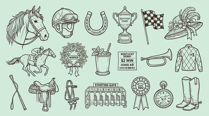 Vintage sketch collection of horse racing equipment and accessories, including a horse, jockey, trophy, saddle, and starting gate. © KN collection