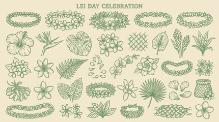 Hand-drawn illustrations of various Hawaiian leis, tropical flowers, and leaves for Lei Day celebration, in a vintage green style. © KN collection
