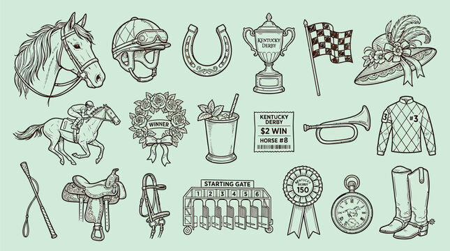 Vintage sketch collection of horse racing equipment and accessories, including a horse, jockey, trophy, saddle, and starting gate.