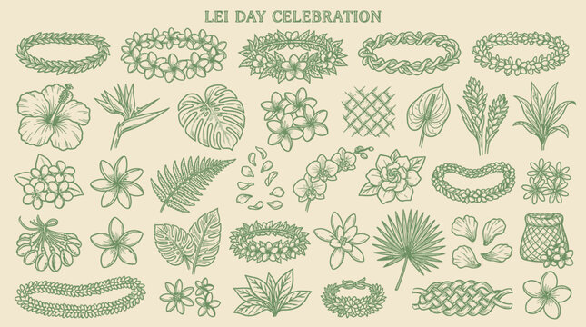 Hand-drawn illustrations of various Hawaiian leis, tropical flowers, and leaves for Lei Day celebration, in a vintage green style.