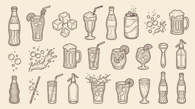Vintage hand-drawn illustrations of various refreshing beverages, including soda bottles, cocktails, beer mugs, milkshakes, and ice cubes.