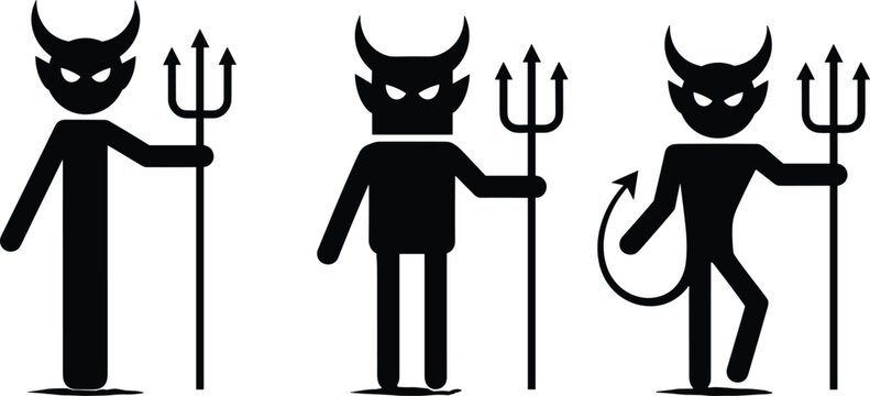 Black devil stick figure silhouette set with horns and pitchfork isolated on white background for halloween or evil concept design.