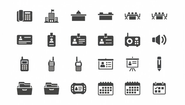Office Workplace Contact Icon Set - 16 Dark Graphite Professional Symbols in 4x4 Grid with Desk Phone Building Conference Business Card - Corporate Vector Collection